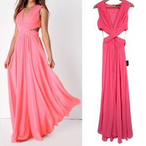 Lulus Maxi Dress S Neon Pink Cutout Vivid Imagination Prom Beach Preppy